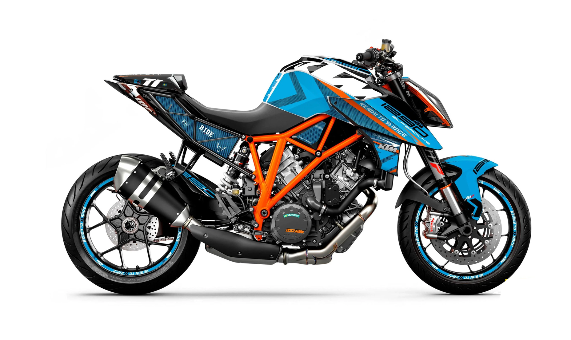 KTM motorcycle with blue and orange design on a white background