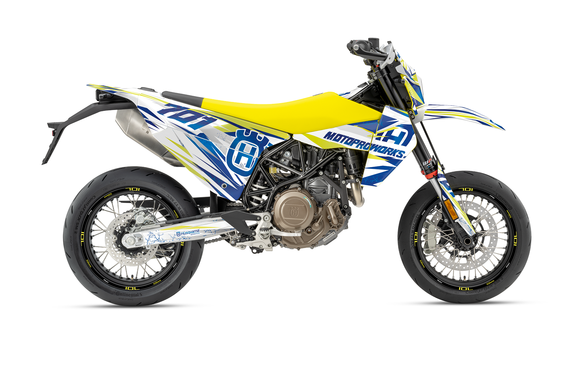 Yellow and blue supermoto bike with motorbike graphics on a white background