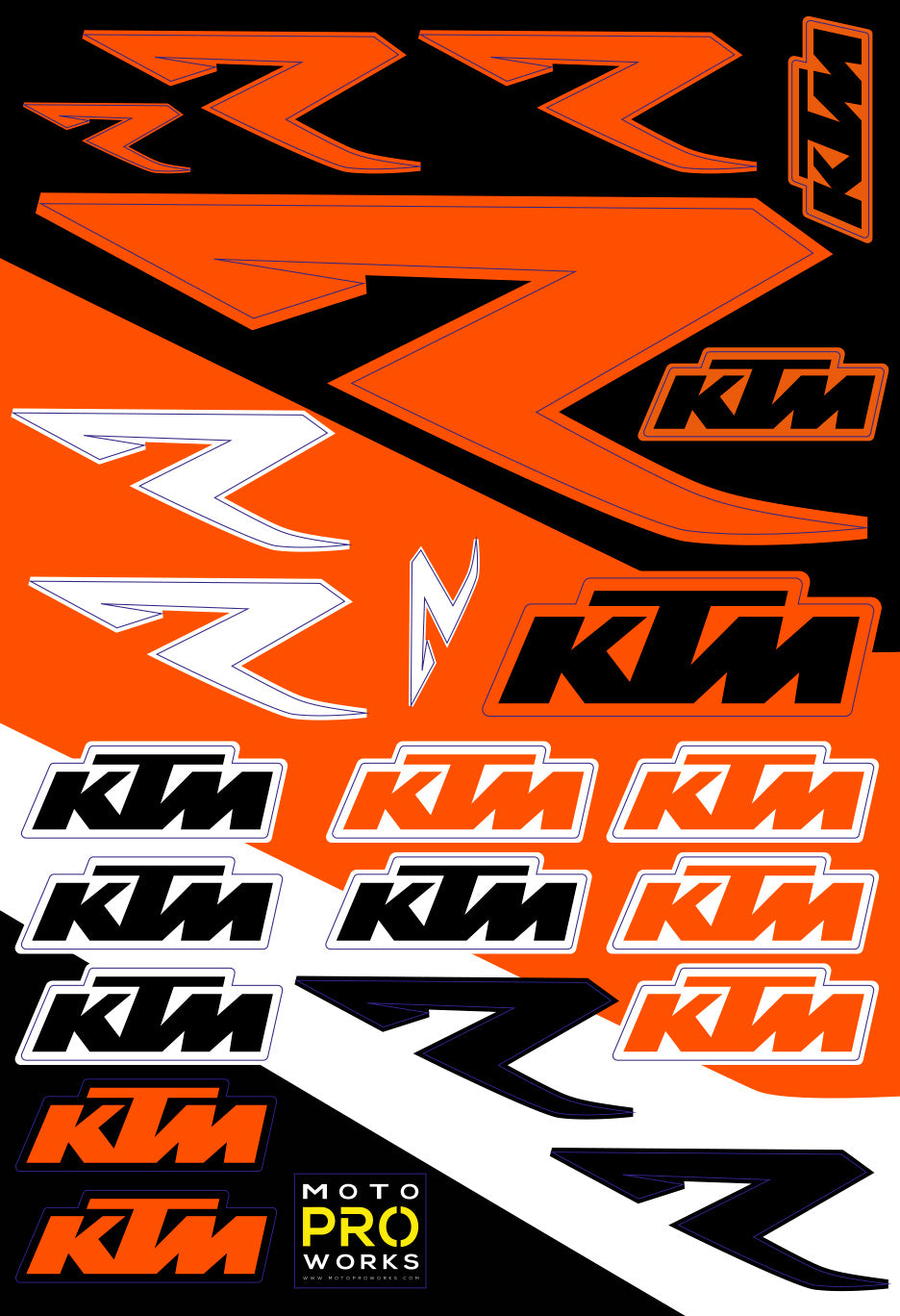 Feuilles d'autocollants Pack - KTM - « Grand logo » et « R » (BRILLANT)