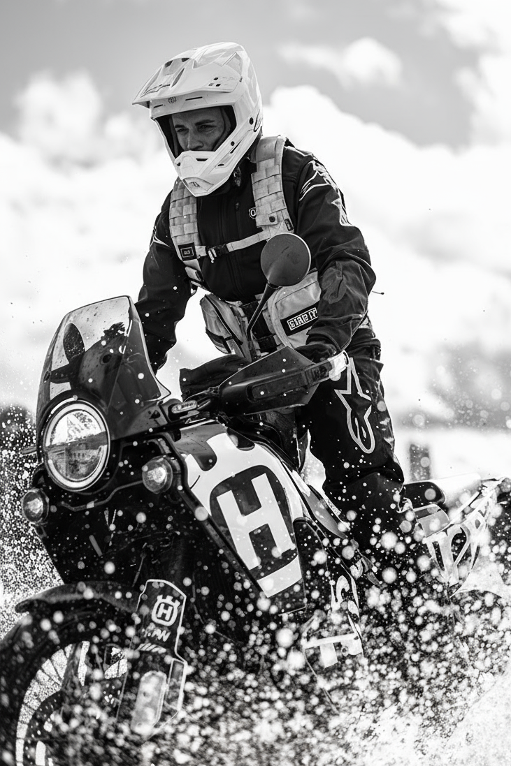 Person riding a Husqvarna motorcycle through water, with a snowy landscape in the background.