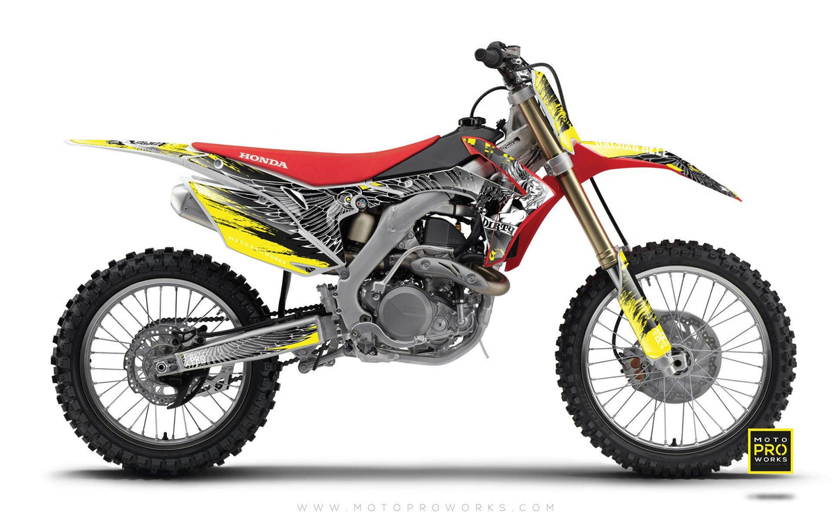 Honda GRAPHIC KIT - &quot;DIRTY ANGEL&quot; (yellow) - MotoProWorks | Decals and Bike Graphic kit