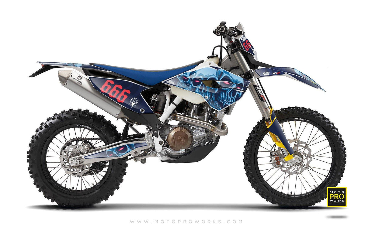 Husqvarna GRAPHIC KIT - &quot;TRIPLESKULL&quot; (blue) - MotoProWorks | Decals and Bike Graphic kit
