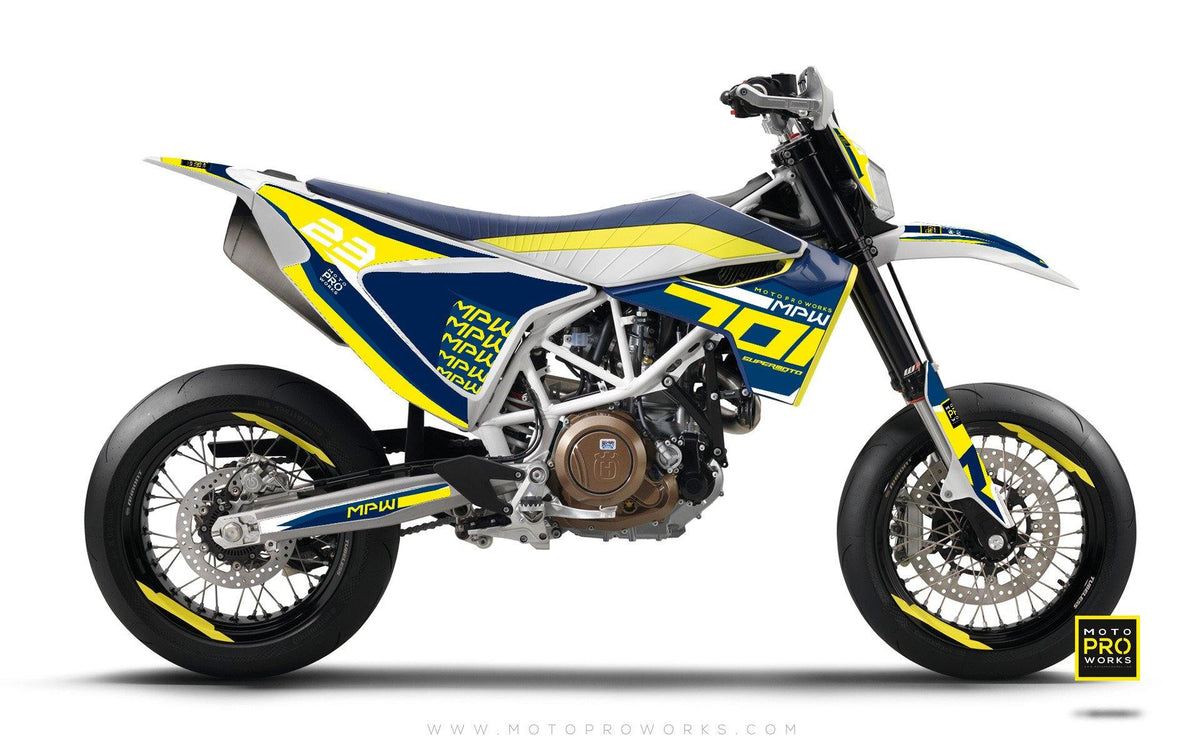 Husqvarna 701 GRAPHIC KIT - &quot;SEVENOH&quot; (Blue/Yellow) - MotoProWorks | Decals and Bike Graphic kit