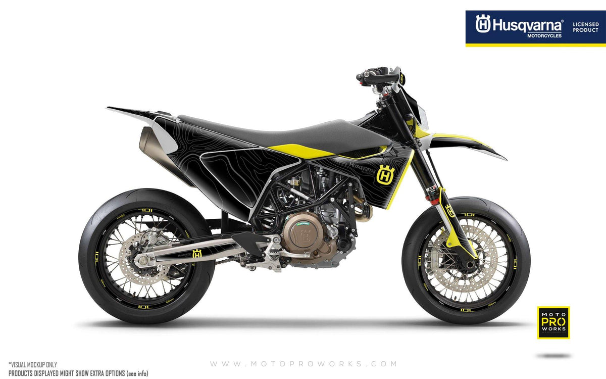 Husqvarna 701 GRAPHIC KIT - &quot;Topography&quot; (Black/Yellow) - MotoProWorks | Decals and Bike Graphic kit
