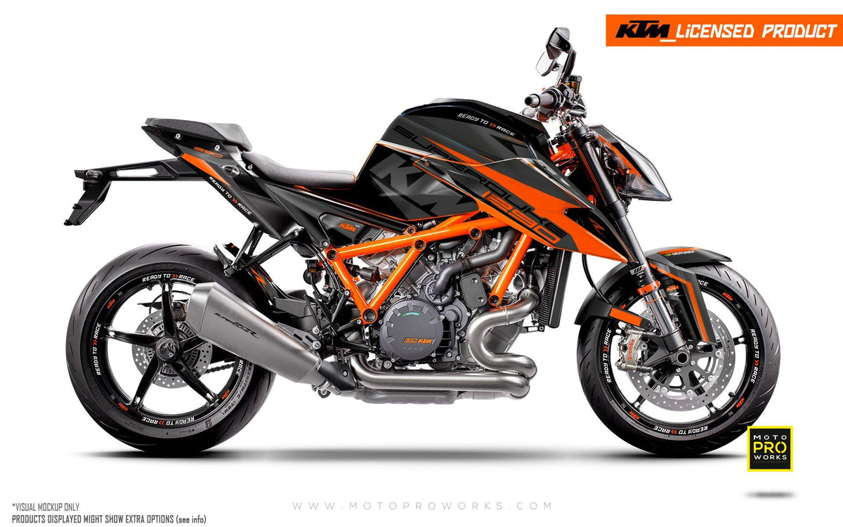 KTM 1290 Superduke R GRAPHIC KIT - &quot;Torque&quot; (Black/Orange) - MotoProWorks | Decals and Bike Graphic kit