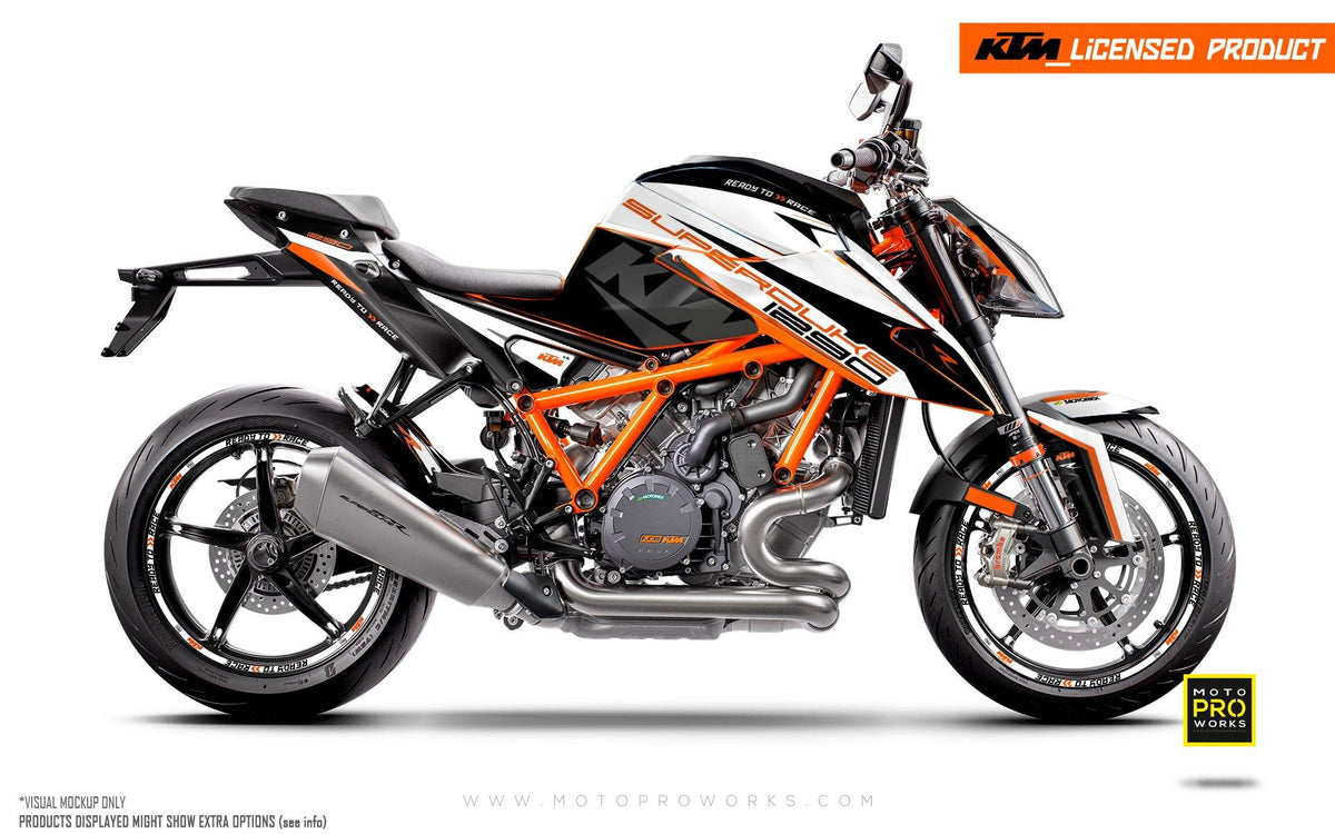 KTM 1290 Superduke R GRAPHIC KIT - &quot;Torque&quot; (White/Black/Orange) - MotoProWorks | Decals and Bike Graphic kit