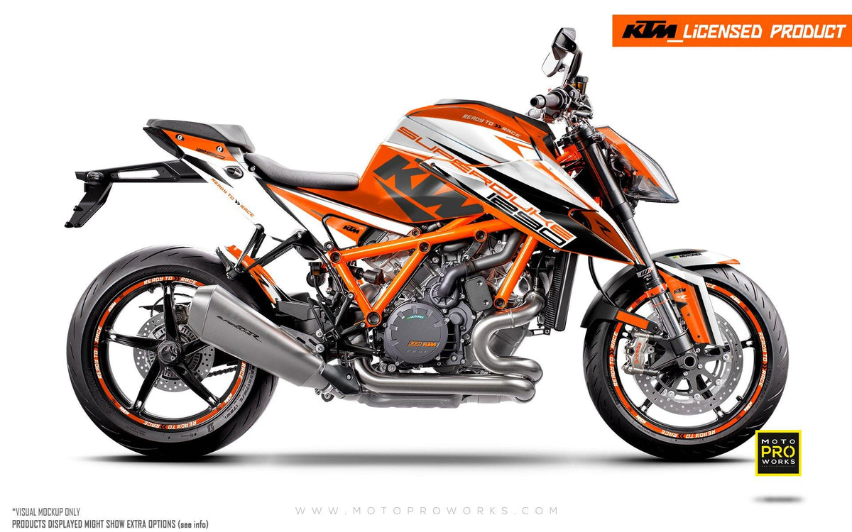 KTM 1290 Superduke R GRAPHIC KIT - &quot;Torque&quot; (White/Orange) - MotoProWorks | Decals and Bike Graphic kit