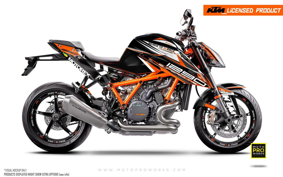 KTM 1290 Superduke R GRAPHIC KIT - &quot;Vortex&quot; (Black/Orange) - MotoProWorks | Decals and Bike Graphic kit