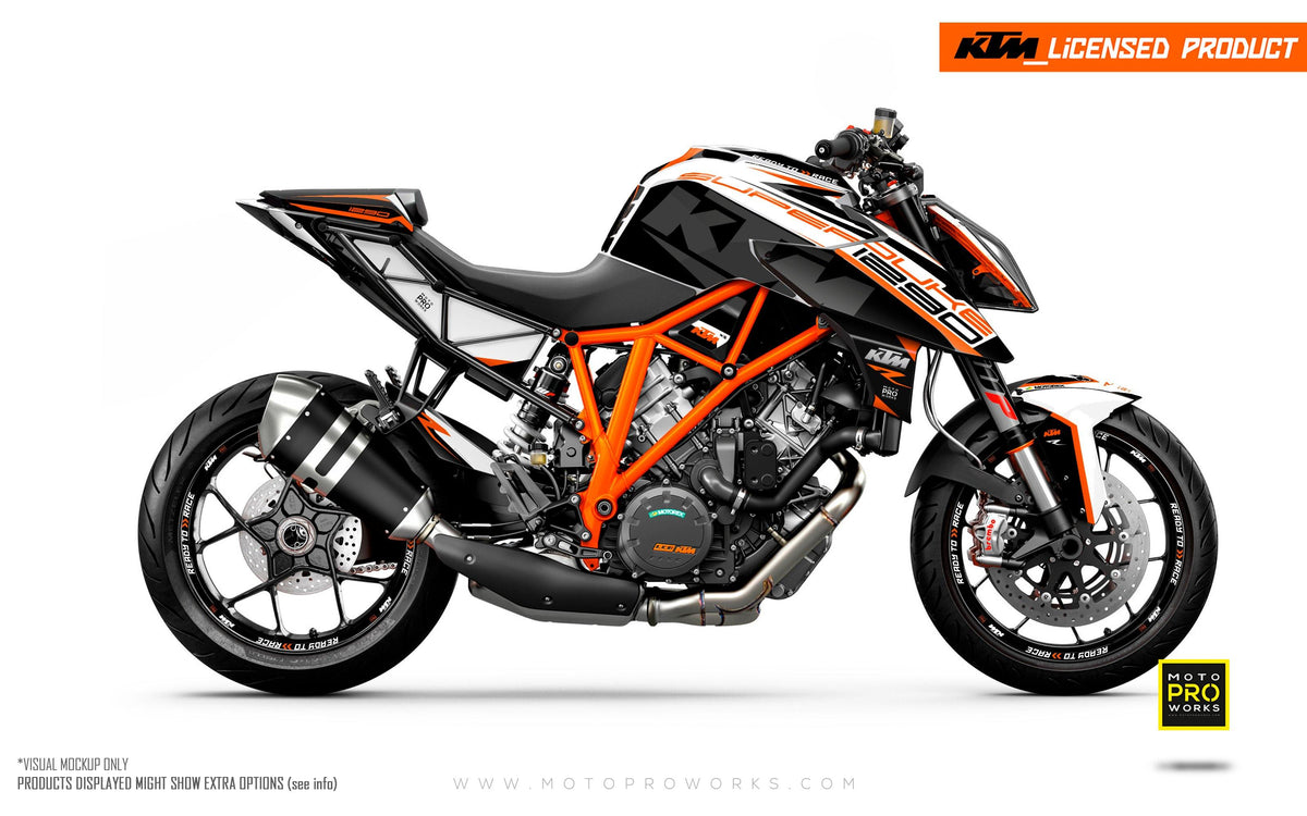 KTM 1290 Super Duke R GRAPHIC KIT - &quot;Torque&quot; (White/Black/Orange) - MotoProWorks | Decals and Bike Graphic kit