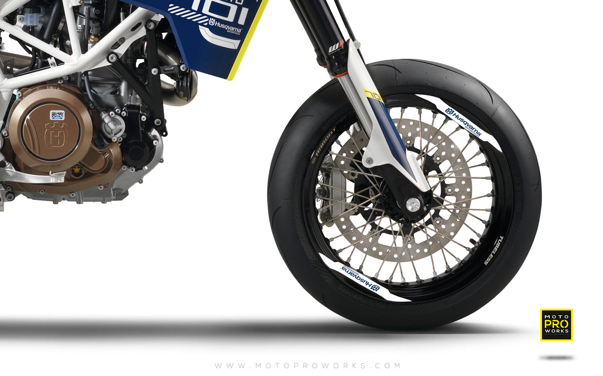 Rim Decal - &quot;Husqvarna&quot; (white/blue) - MotoProWorks | Decals and Bike Graphic kit