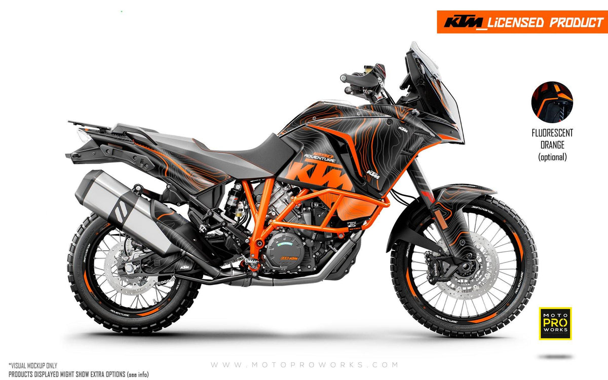 KTM 1290 Adventure GRAPHIC KIT - &quot;Topography&quot; (Black/Orange) - MotoProWorks | Decals and Bike Graphic kit